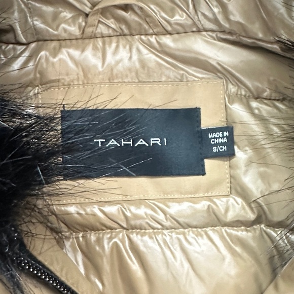 Tahari Women's Camel Puffer Coat with Black Faux Fur Hood - Picture 3 of 7